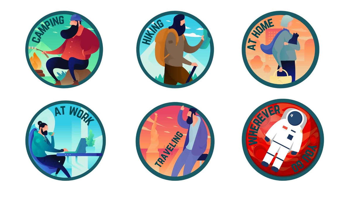 Instant Adventure Icons: Camping, Hiking, At Home, At Work, Traveling, Wherever You Go.
